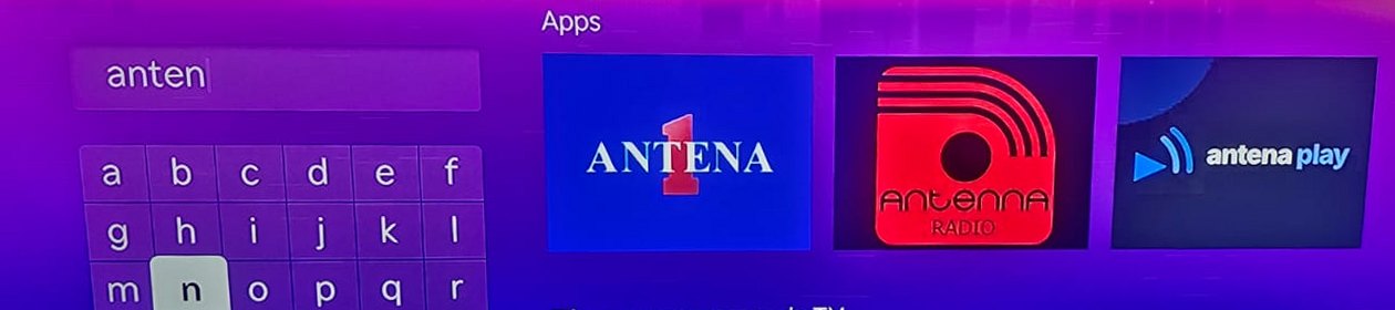 La búsqueda de Roku con “anten” escrito: Antena Play aparece en la fila Apps, junto a otros nombres parecidos.
