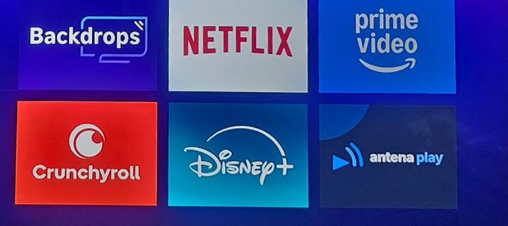 La pantalla de inicio de Roku: Antena Play en la cuadrícula de apps, junto a Netflix, Disney+ y Crunchyroll.