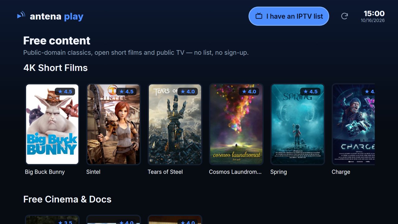 The Antena Play free catalog on a TV: the 4K shorts row and the free cinema row