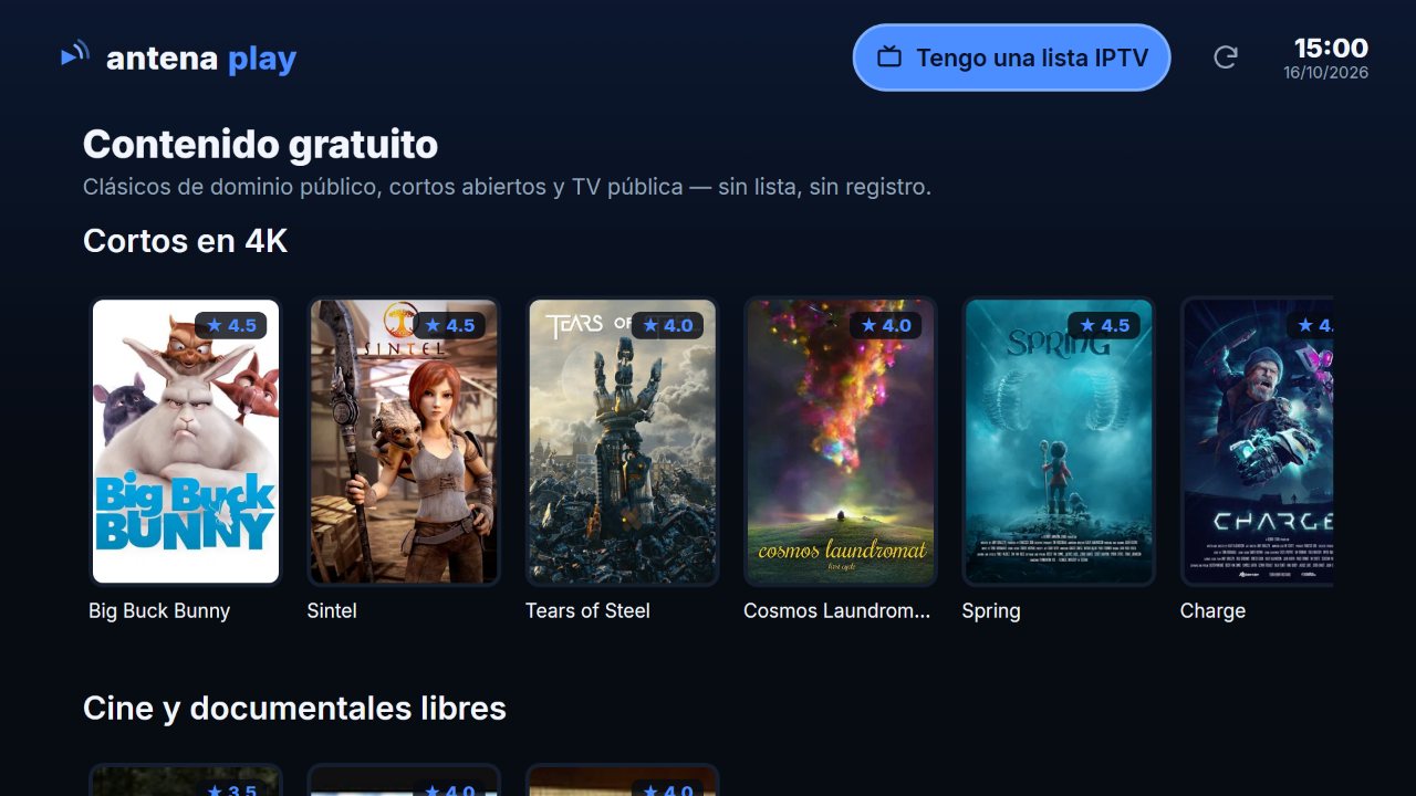 El catálogo gratis de Antena Play en una TV: la fila de cortos en 4K y la de cine libre